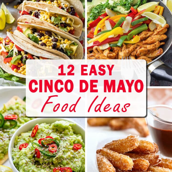 Cinco de Mayo food ideas collage with black bean tacos, chicken fajitas, avocado spread, churros and chocolate sauce.
