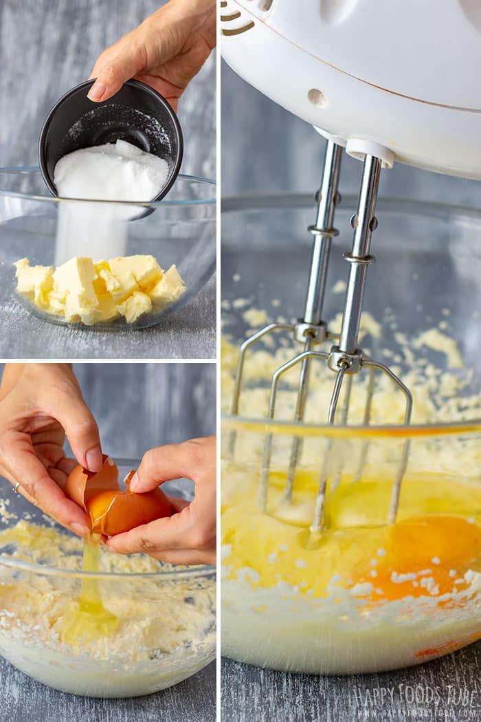 Collage showing butter and sugar being mixed, then eggs added for the cupcake batter.