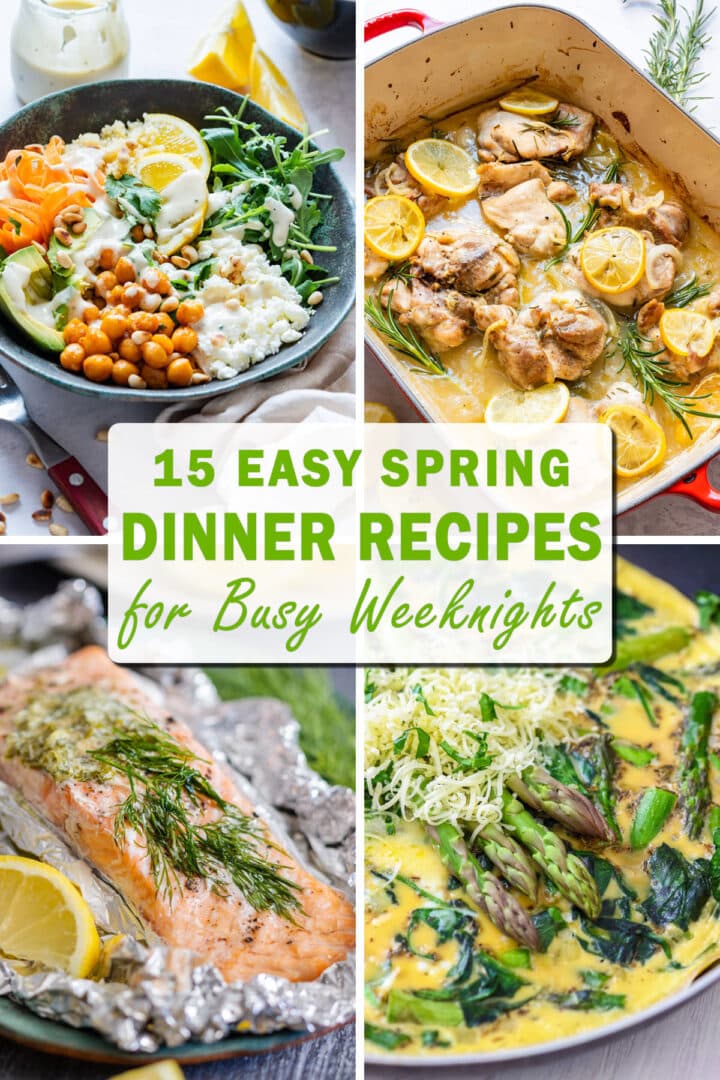Collage of easy spring dinner recipes with a grain bowl, lemon rosemary chicken, salmon foil packets and spinach asparagus frittata.