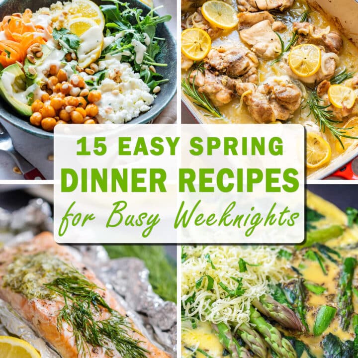 Spring dinner recipe collage with a grain bowl, lemon chicken, salmon and asparagus frittata.