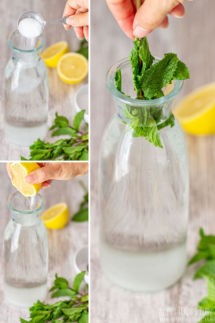 Three step photos showing sugar being added to a carafe, lemon juice being squeezed in and fresh mint sprigs being added.