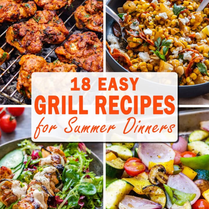 Four-photo collage of easy summer grill recipes including spicy grilled chicken thighs, grilled corn salad, a grilled chicken skewer salad and grilled vegetables.