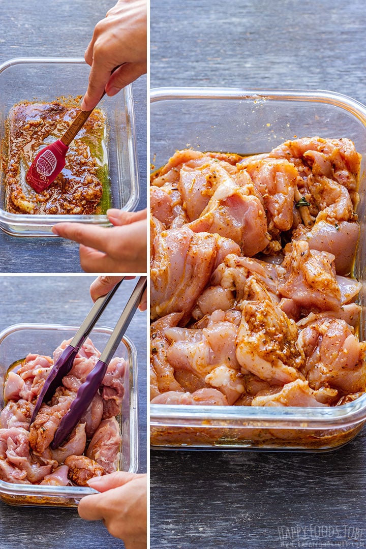 Chicken thighs being mixed with fajita marinade in a glass container before chilling.