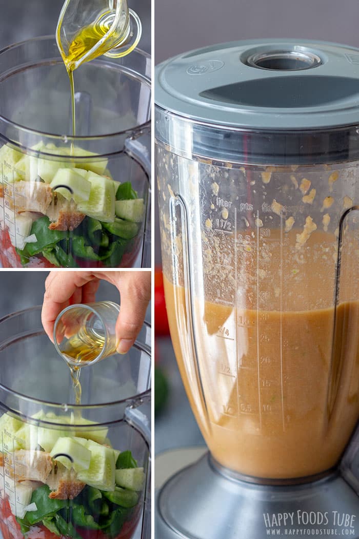 Adding olive oil and vinegar to chopped gazpacho ingredients before blending everything until smooth.