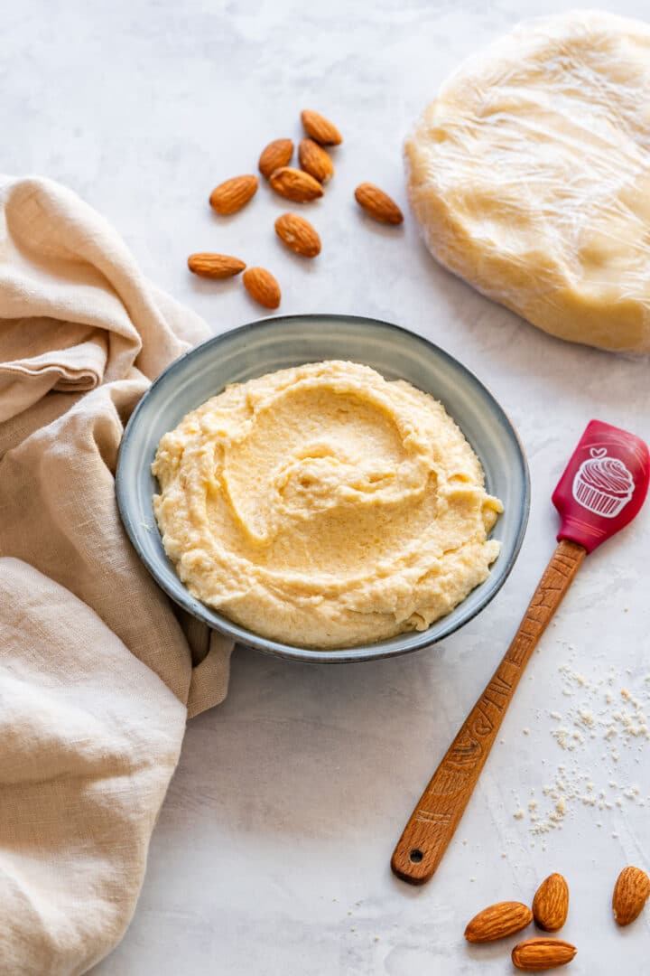 Homemade frangipane is a creamy almond filling made with butter, sugar, almond flour and eggs. It takes about 5 minutes to mix and can be used in tarts, pies, galettes and other baked pastries.