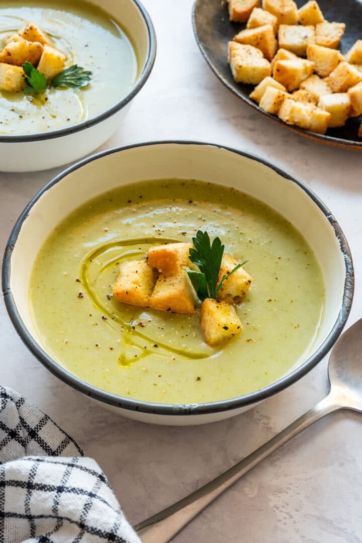 A potato, not cream, gives this broccoli and cauliflower soup its smooth texture once everything is blended, and fresh parsley cooks right in the pot. It’s one of the few creamy soups my kid loves. Serve it as a light starter or with crusty bread and homemade croutons.